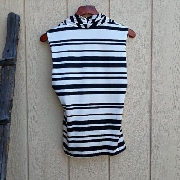 New York & Company Sleeveless Mock Wrap Draped Metallic Black Striped Blouse Sz - Picture 2 of 8